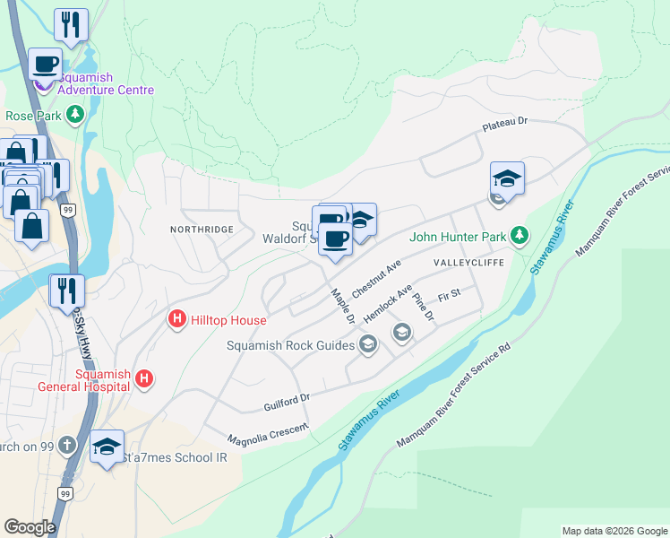 map of restaurants, bars, coffee shops, grocery stores, and more near 38209 Westway Avenue in Squamish