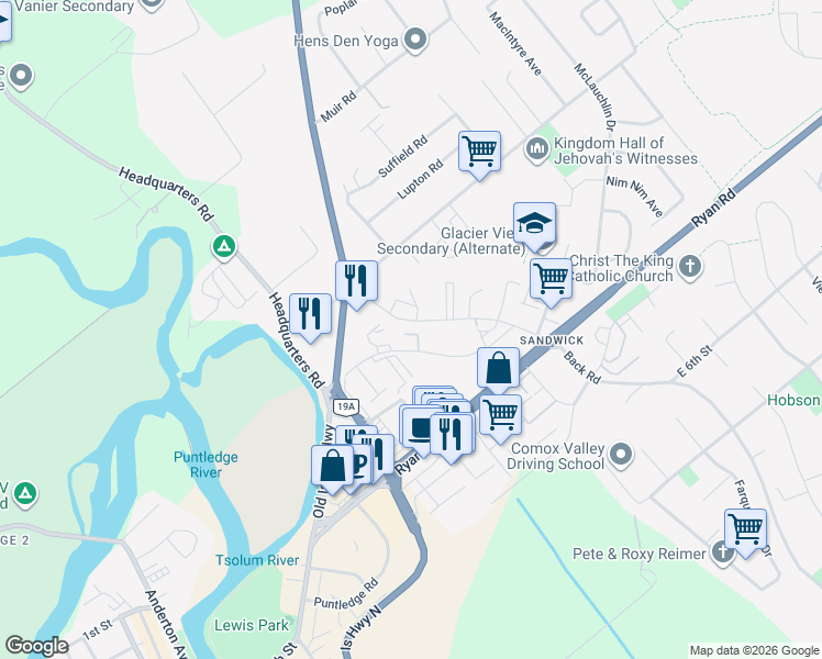 map of restaurants, bars, coffee shops, grocery stores, and more near in Courtenay
