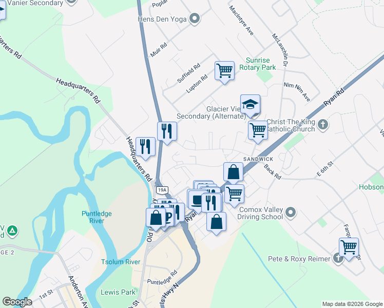 map of restaurants, bars, coffee shops, grocery stores, and more near in Courtenay