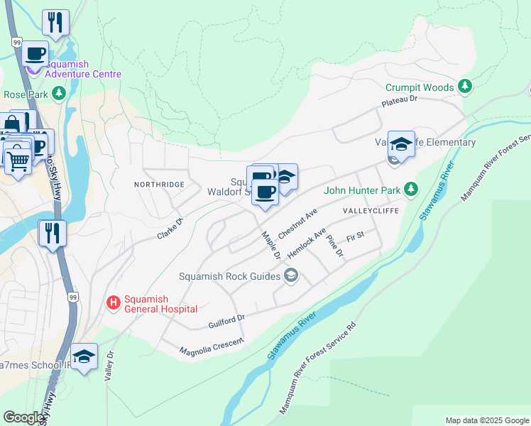 map of restaurants, bars, coffee shops, grocery stores, and more near 1909 Maple Drive in Squamish