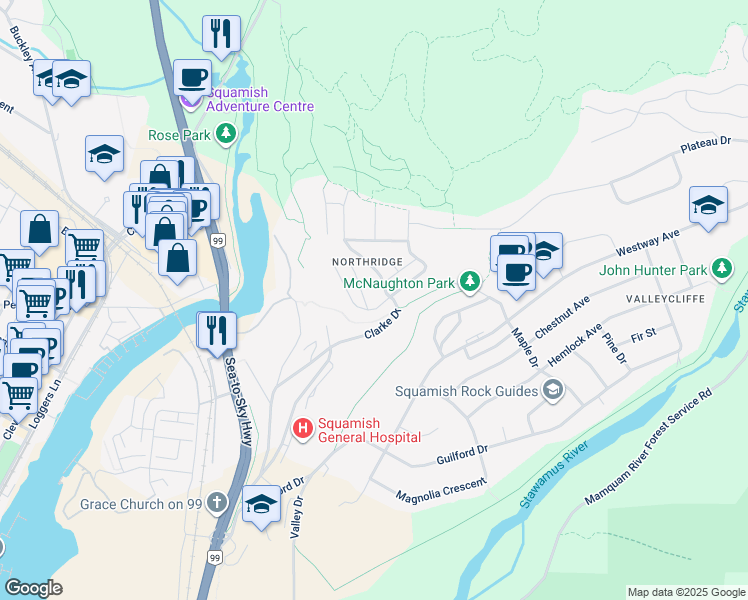 map of restaurants, bars, coffee shops, grocery stores, and more near 38243 Vista Crescent in Squamish