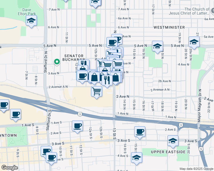 map of restaurants, bars, coffee shops, grocery stores, and more near 1263 2 Avenue A North in Lethbridge