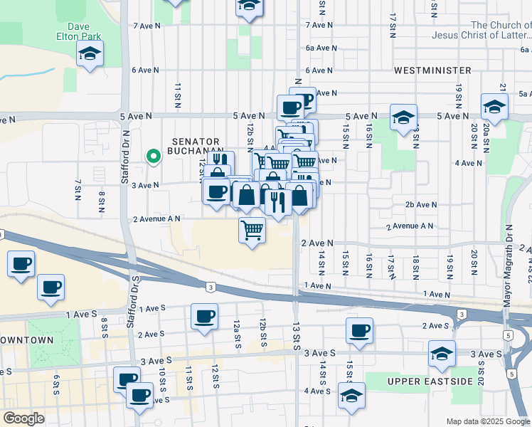 map of restaurants, bars, coffee shops, grocery stores, and more near 1263 2 Avenue A North in Lethbridge