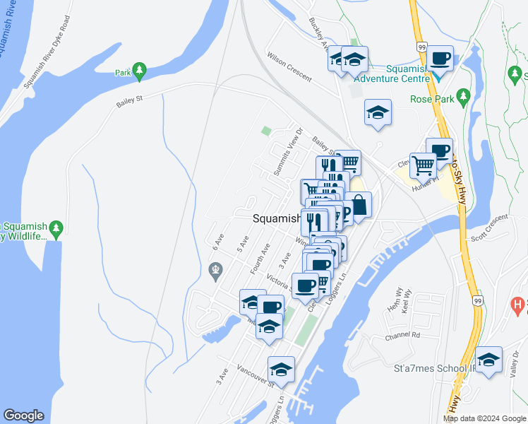 map of restaurants, bars, coffee shops, grocery stores, and more near in Squamish