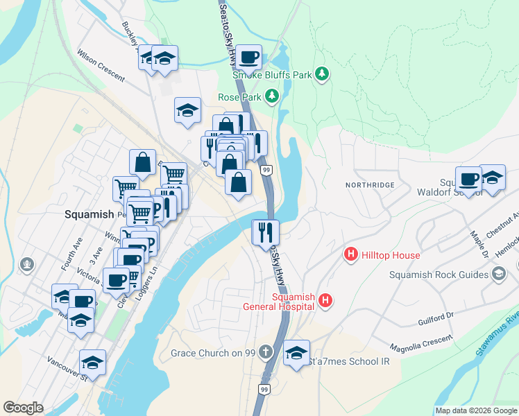 map of restaurants, bars, coffee shops, grocery stores, and more near 1570 Pemberton Avenue in Squamish