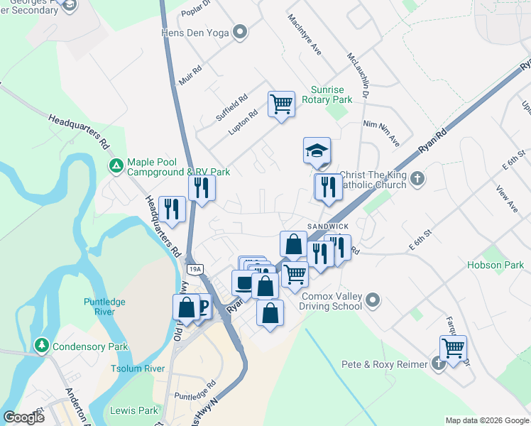 map of restaurants, bars, coffee shops, grocery stores, and more near in Courtenay