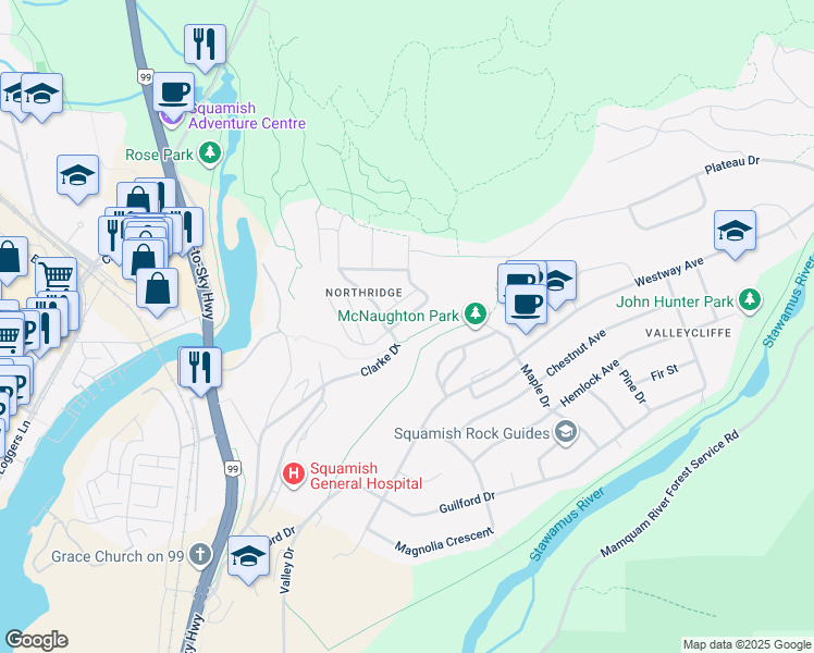 map of restaurants, bars, coffee shops, grocery stores, and more near 38258 Northridge Drive in Squamish