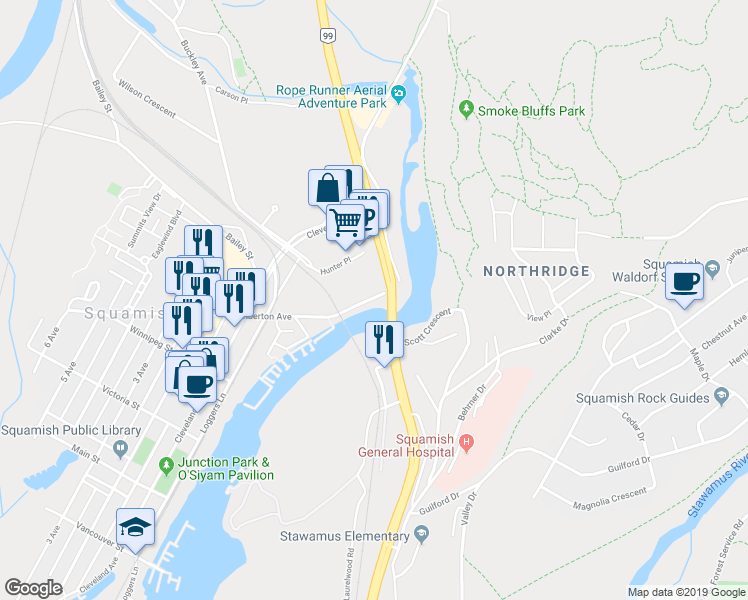 map of restaurants, bars, coffee shops, grocery stores, and more near 1570 Pemberton Avenue in Squamish