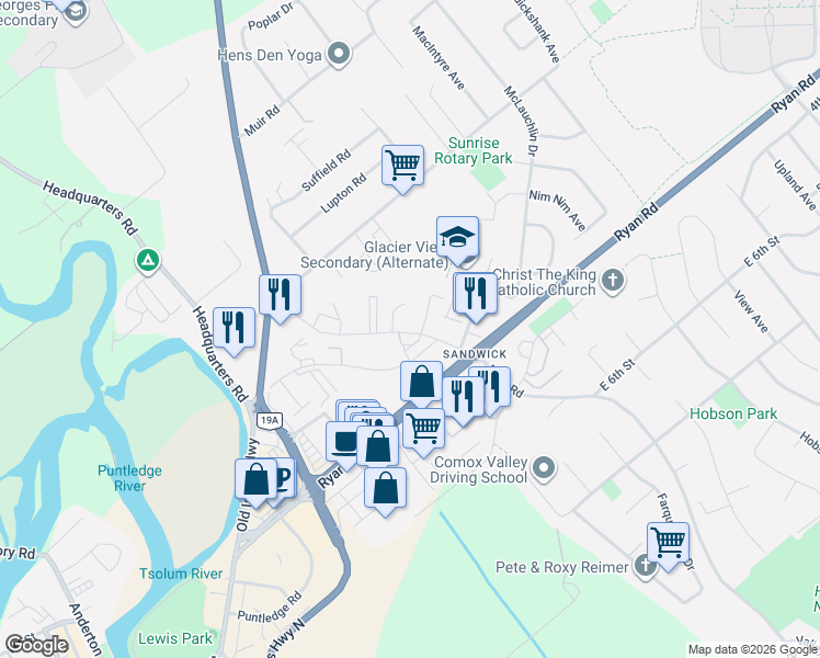 map of restaurants, bars, coffee shops, grocery stores, and more near in Courtenay