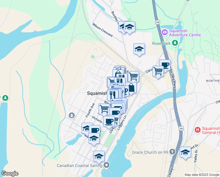 map of restaurants, bars, coffee shops, grocery stores, and more near 38201 3 Avenue in Squamish