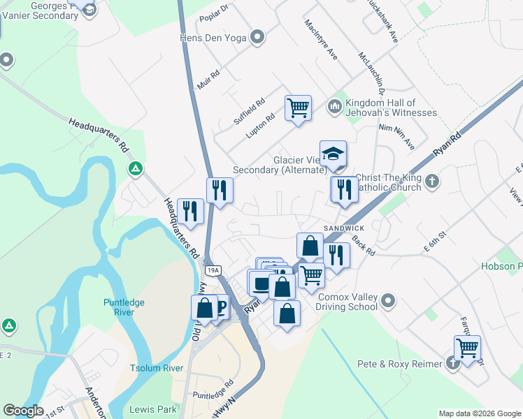 map of restaurants, bars, coffee shops, grocery stores, and more near 146 Back Road in Courtenay