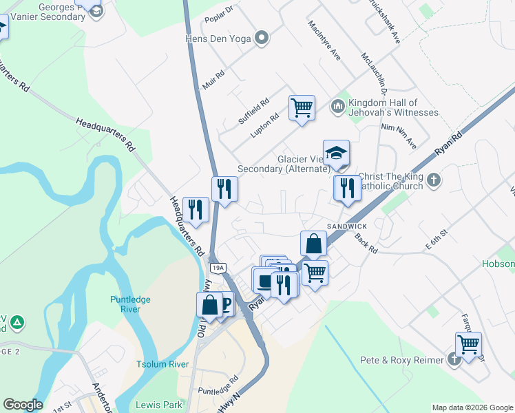 map of restaurants, bars, coffee shops, grocery stores, and more near 126 Back Road in Courtenay