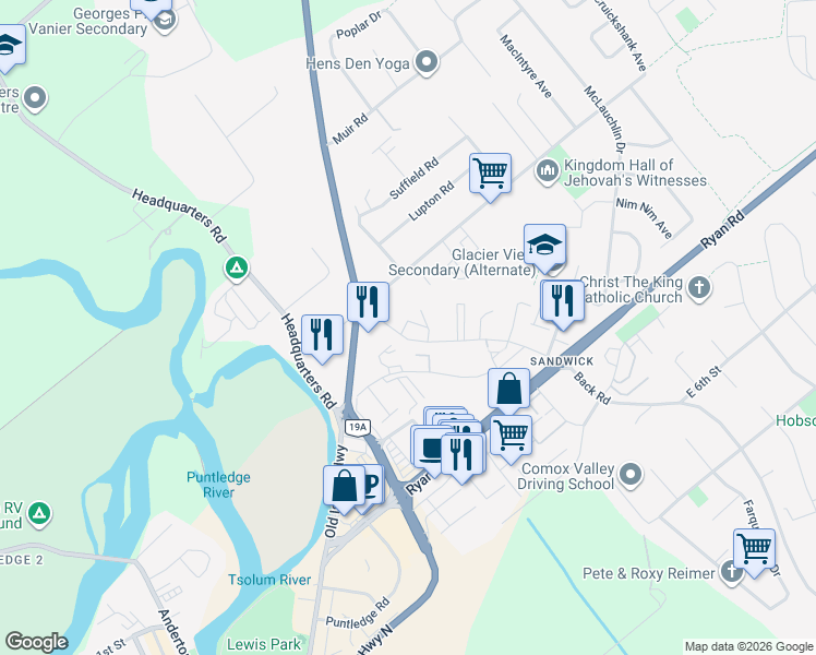 map of restaurants, bars, coffee shops, grocery stores, and more near 126 Back Road in Courtenay