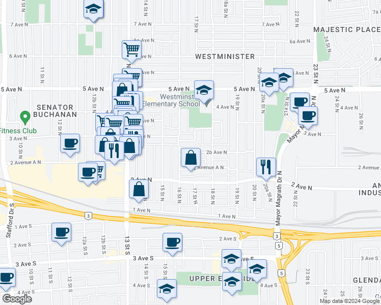 map of restaurants, bars, coffee shops, grocery stores, and more near 1617 2B Avenue North in Lethbridge