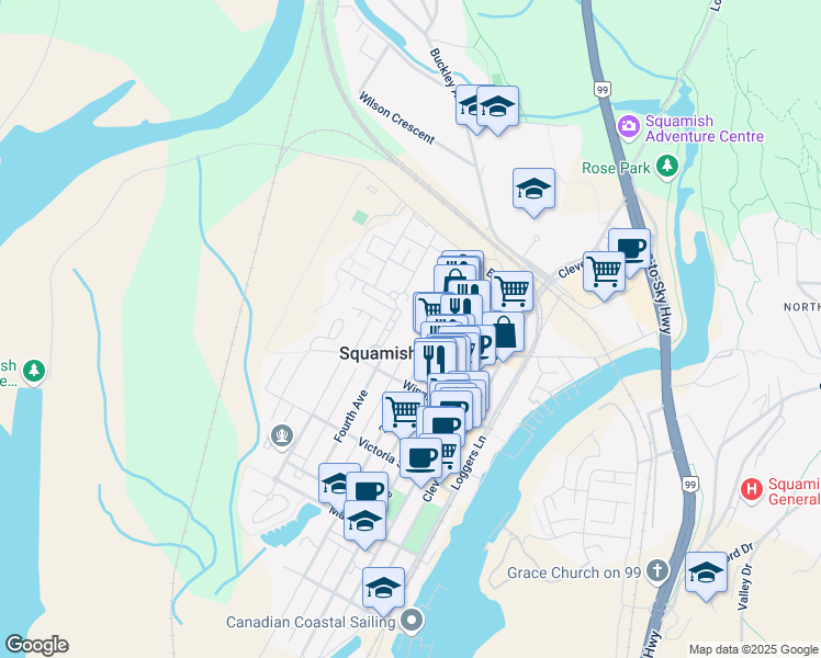 map of restaurants, bars, coffee shops, grocery stores, and more near 38201 3 Avenue in Squamish