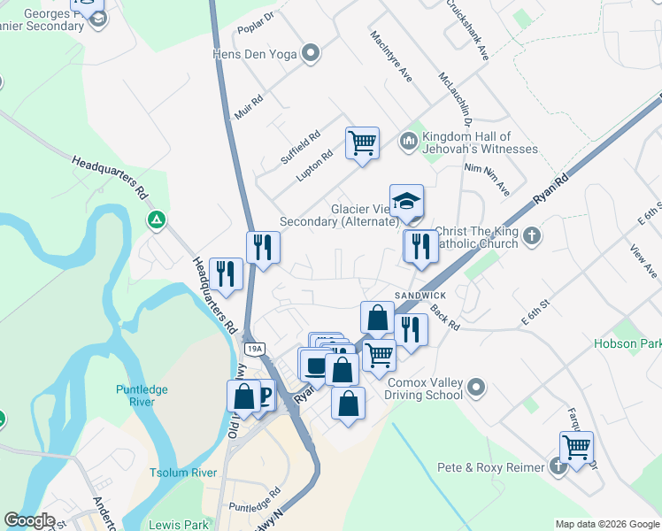 map of restaurants, bars, coffee shops, grocery stores, and more near 146 Back Road in Courtenay