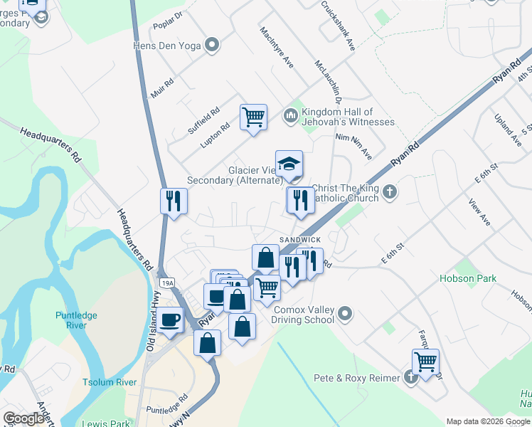 map of restaurants, bars, coffee shops, grocery stores, and more near 240 Back Road in Courtenay
