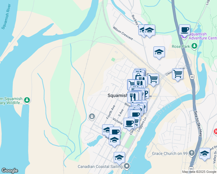 map of restaurants, bars, coffee shops, grocery stores, and more near Castlerock in Squamish