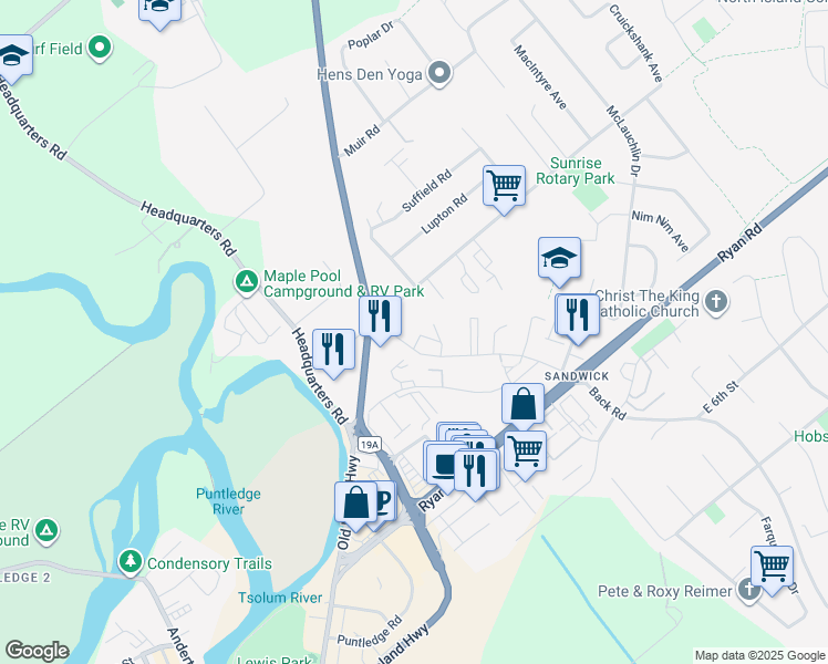 map of restaurants, bars, coffee shops, grocery stores, and more near 126 Back Road in Courtenay
