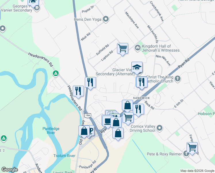 map of restaurants, bars, coffee shops, grocery stores, and more near 146 Back Road in Courtenay