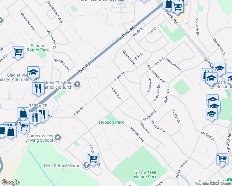 map of restaurants, bars, coffee shops, grocery stores, and more near 820 View Avenue in Courtenay