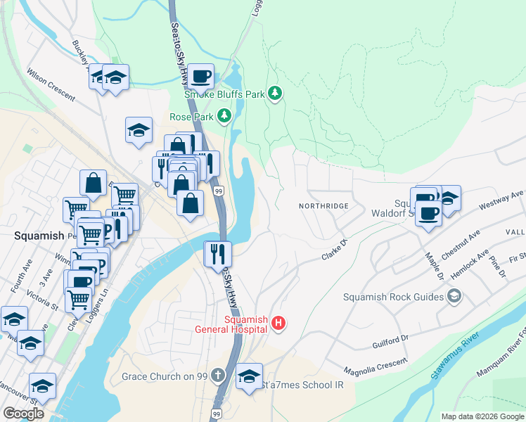 map of restaurants, bars, coffee shops, grocery stores, and more near 1583 Scott Crescent in Squamish