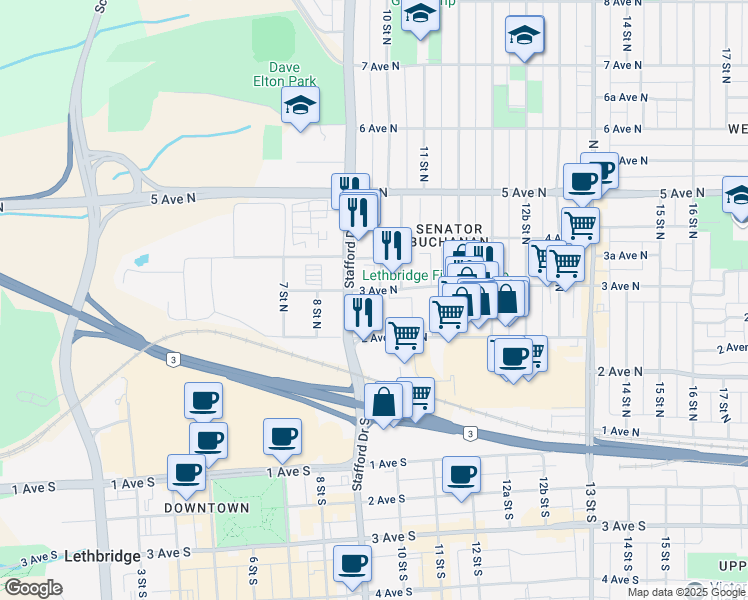map of restaurants, bars, coffee shops, grocery stores, and more near 290 10 Street North in Lethbridge