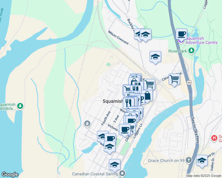 map of restaurants, bars, coffee shops, grocery stores, and more near 1201 Pemberton Avenue in Squamish