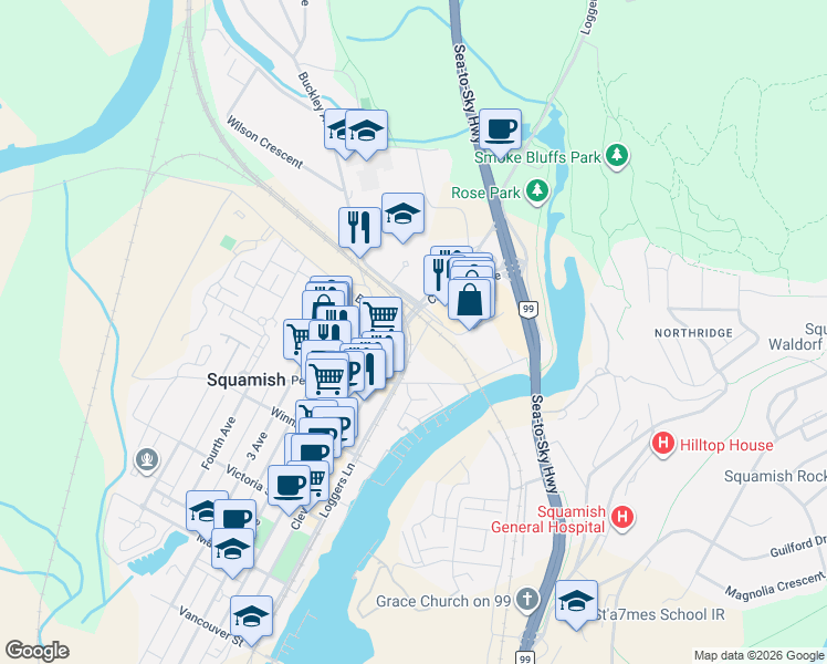 map of restaurants, bars, coffee shops, grocery stores, and more near 38142 Cleveland Avenue in Squamish