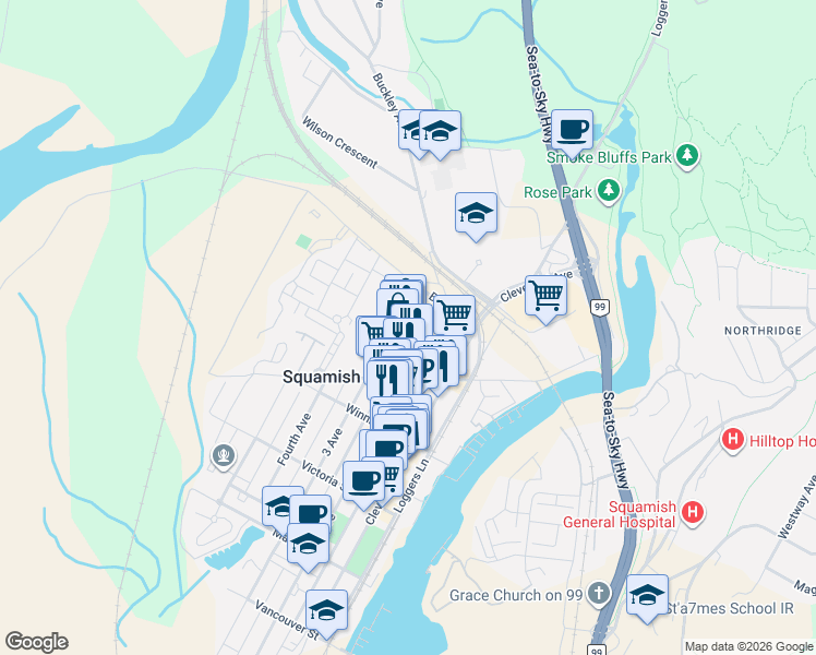 map of restaurants, bars, coffee shops, grocery stores, and more near 1309 Pemberton Avenue in Squamish