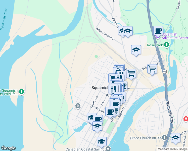 map of restaurants, bars, coffee shops, grocery stores, and more near 1174 Wingtip Place in Squamish