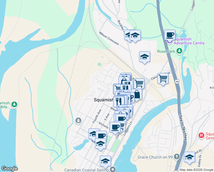 map of restaurants, bars, coffee shops, grocery stores, and more near 1216 Village Green Way in Squamish
