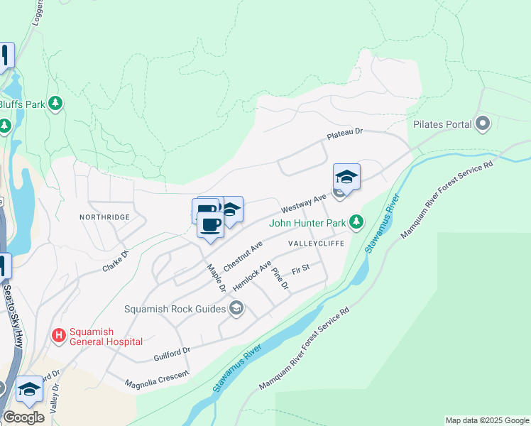 map of restaurants, bars, coffee shops, grocery stores, and more near 38327 Westway Avenue in Squamish