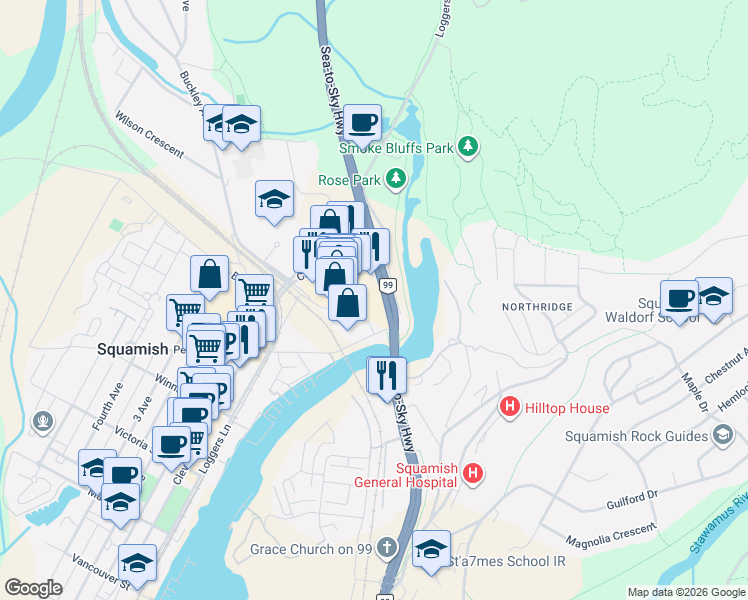 map of restaurants, bars, coffee shops, grocery stores, and more near 1180 Hunter Place in Squamish