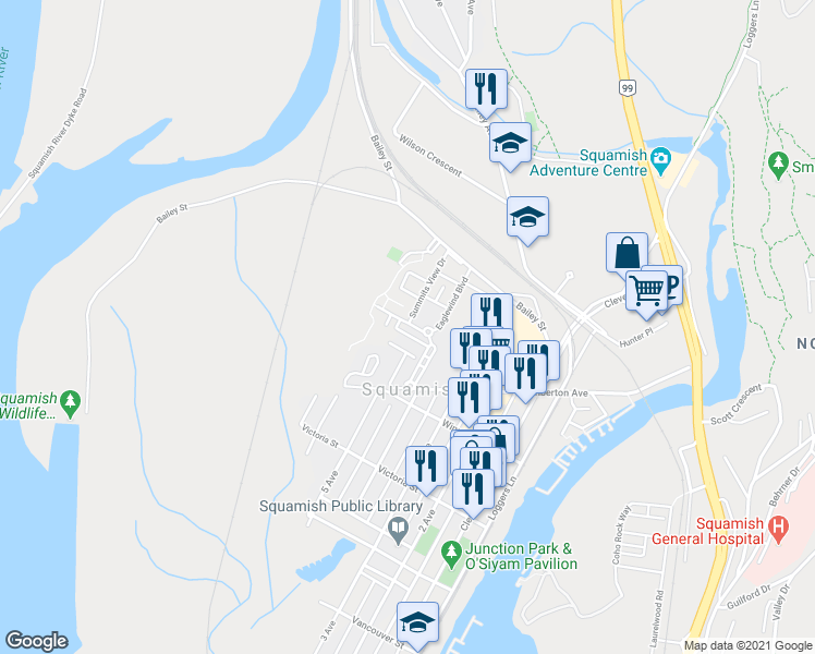 map of restaurants, bars, coffee shops, grocery stores, and more near 1198 Village Green Way in Squamish