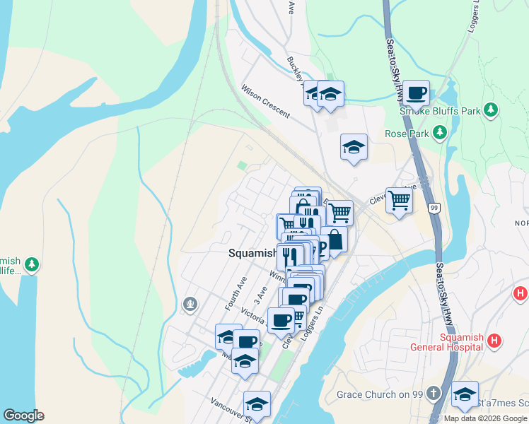 map of restaurants, bars, coffee shops, grocery stores, and more near 1211 Village Green Way in Squamish