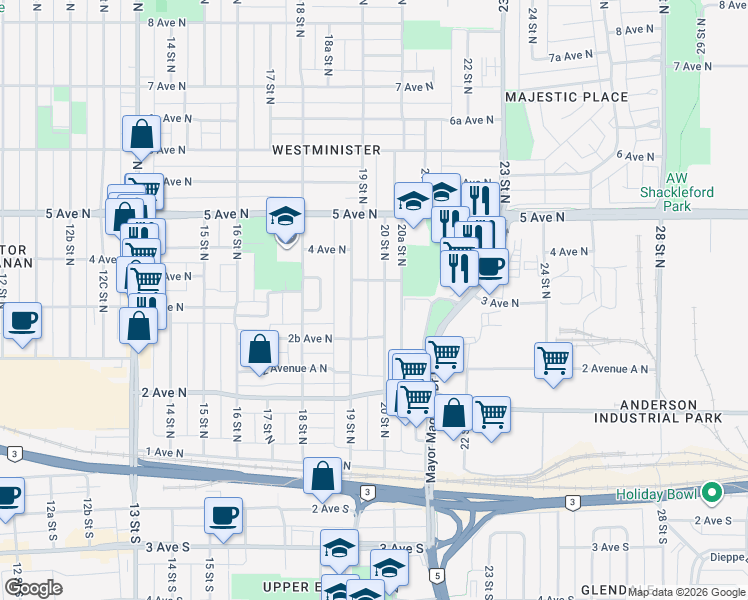 map of restaurants, bars, coffee shops, grocery stores, and more near 344 20 Street North in Lethbridge