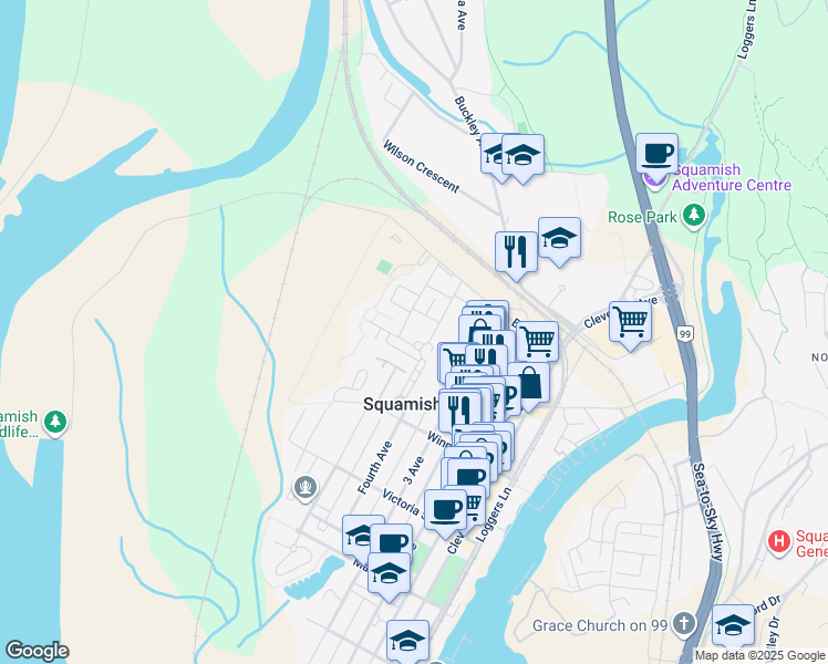 map of restaurants, bars, coffee shops, grocery stores, and more near 1201 Village Green Way in Squamish