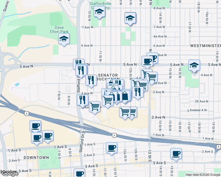 map of restaurants, bars, coffee shops, grocery stores, and more near 310 12 Street North in Lethbridge