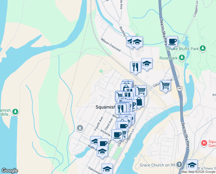map of restaurants, bars, coffee shops, grocery stores, and more near 1211 Village Green Way in Squamish