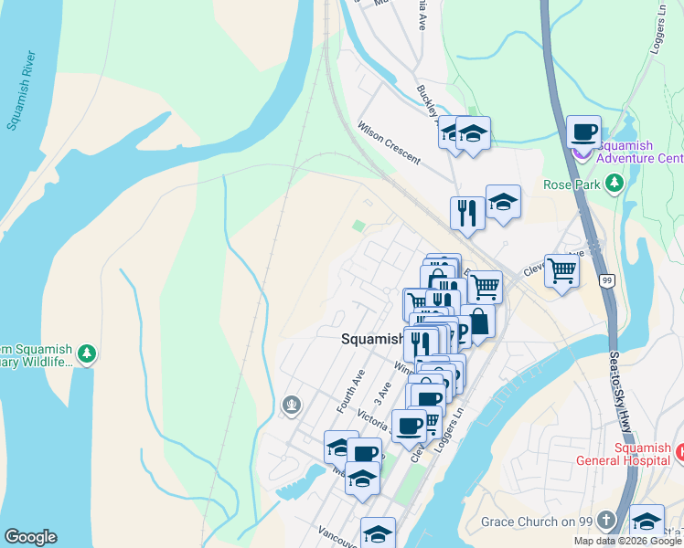 map of restaurants, bars, coffee shops, grocery stores, and more near 1162 Village Green Way in Squamish