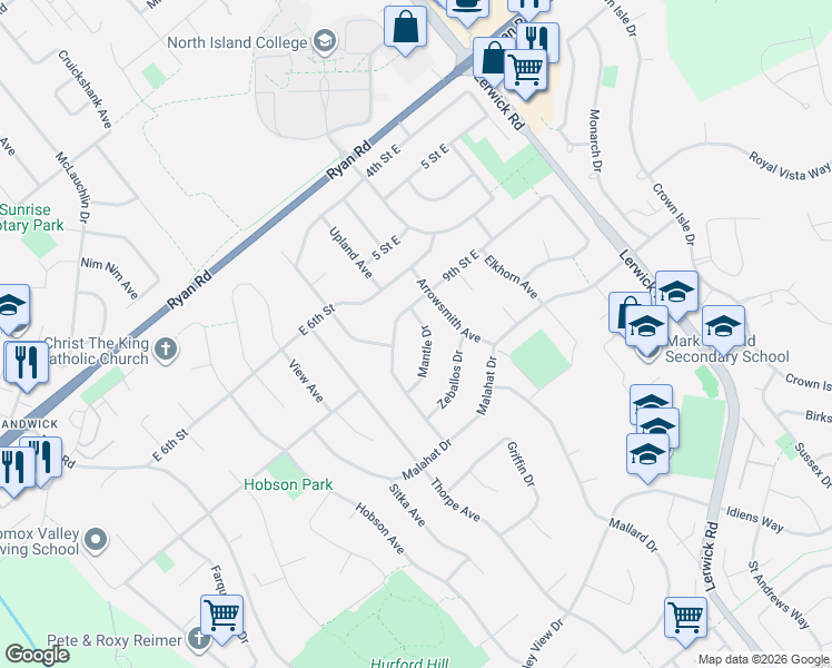 map of restaurants, bars, coffee shops, grocery stores, and more near 995 Mantle Drive in Courtenay