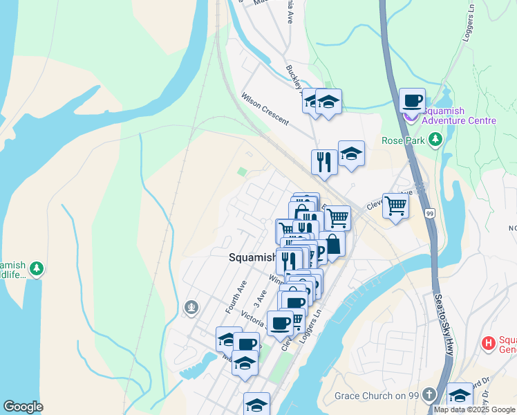 map of restaurants, bars, coffee shops, grocery stores, and more near 1211 Village Green Way in Squamish