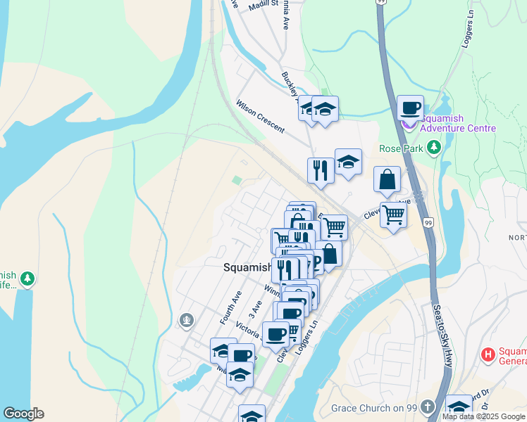 map of restaurants, bars, coffee shops, grocery stores, and more near Granite Drive in Squamish