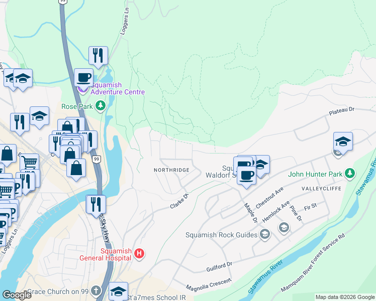 map of restaurants, bars, coffee shops, grocery stores, and more near 1045 Northridge Drive in Squamish