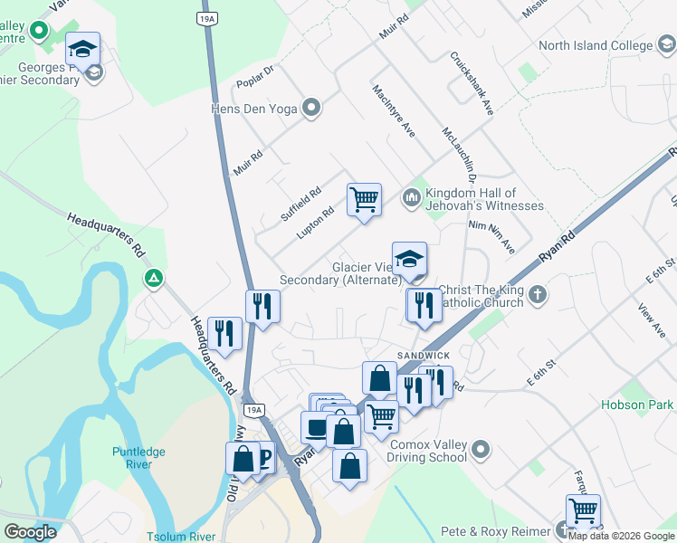 map of restaurants, bars, coffee shops, grocery stores, and more near 1535 Dingwall Road in Courtenay