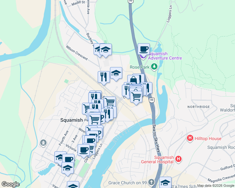 map of restaurants, bars, coffee shops, grocery stores, and more near 38346 Buckley Avenue in Squamish