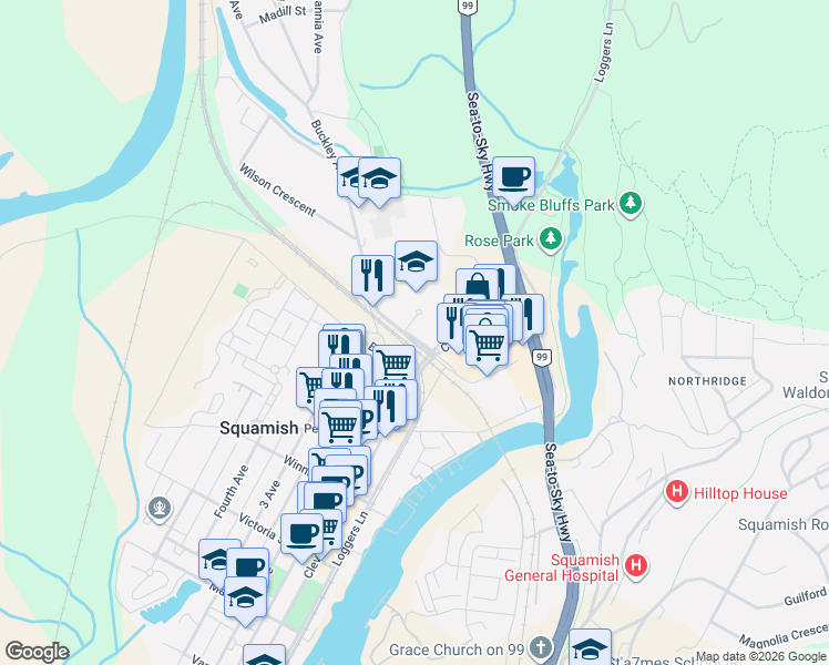 map of restaurants, bars, coffee shops, grocery stores, and more near 38362 Buckley Avenue in Squamish
