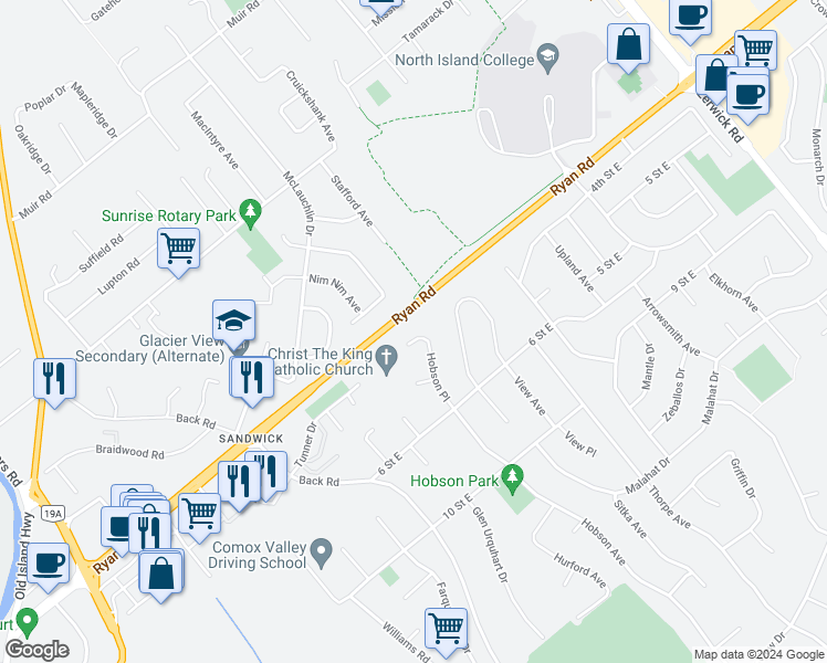 map of restaurants, bars, coffee shops, grocery stores, and more near 518 Hobson Place in Courtenay