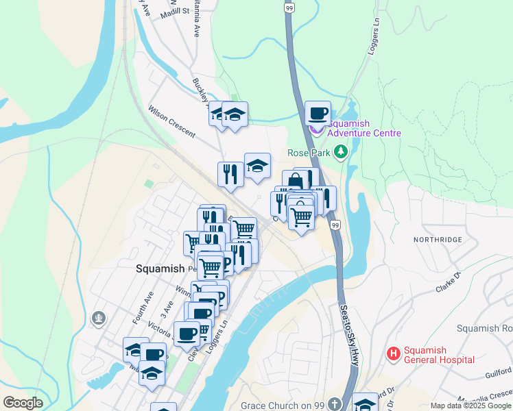 map of restaurants, bars, coffee shops, grocery stores, and more near 38362 Buckley Avenue in Squamish